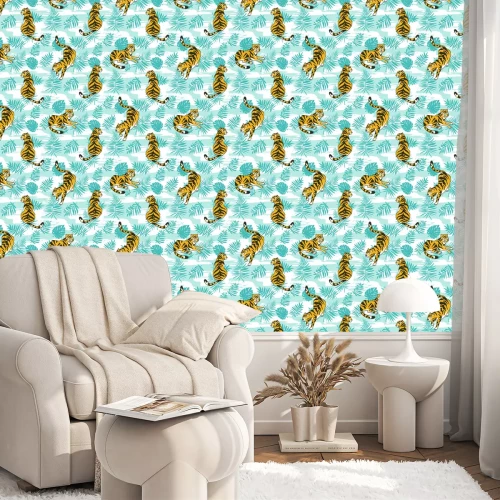 Tapete Tropisches nahtloses Muster mit Tiger- und Palmblättern. Vector animalistisches Design für Stoff, Packpapier oder Tapete. Exotischer Kunsthintergrund.