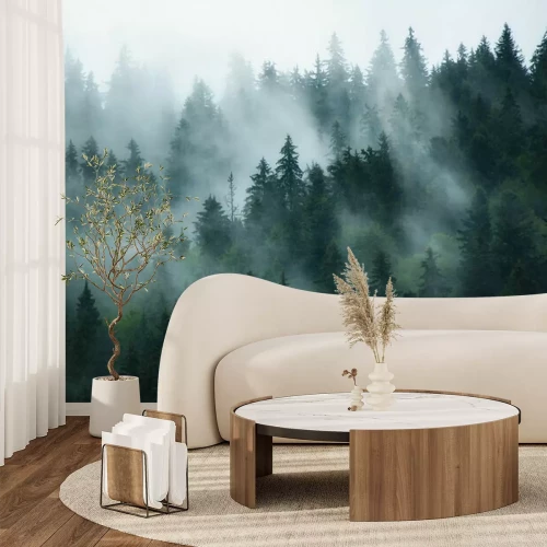 Fototapete Misty Landschaft mit Tanne Wald im Retro-Stil Hipster