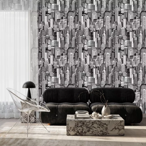 Tapete Wolkenkratzer-Stadt-nahtloses Muster (groß) ist Handzeichnung von verschiedenen Hochhäusern wie Manhattan in der isometrischen Projektion. Hochauflösende nahtlose Beschaffenheit