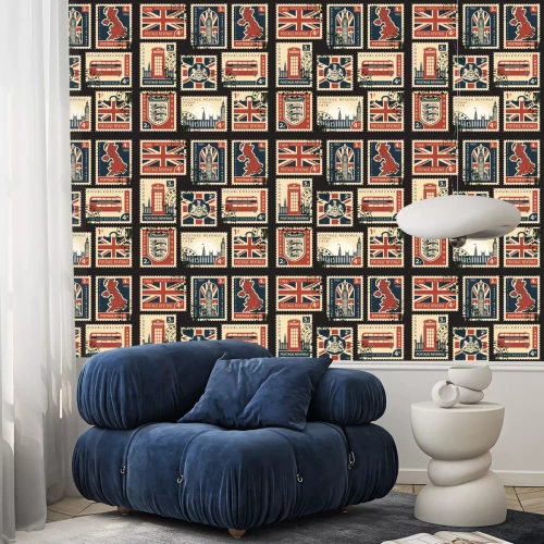 Tapete Vector set von Briefmarken mit britischer Flagge, uk-Karte, uk Das Parlament, London Big Ben, Wappen von England und Großbritannien und andere britische Symbole