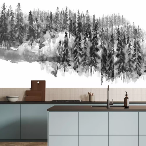 Sticker Aquarell Gruppe von Bäumen - Tanne, Kiefer, Zeder, Tanne. Schwarz-Weiß-Wald, Landschaft Landschaft. Zeichnung auf weißem hintergrund isoliert.