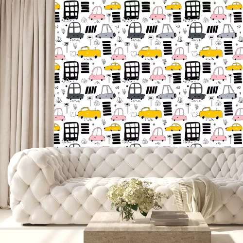 Tapete Nahtloses Muster mit Hand gezeichneten niedlichen Auto. Karikaturautos, Verkehrsschild, Zebrastreifen vector illustration.Perfect für Kindergewebe, Gewebe, Kindergartentapete