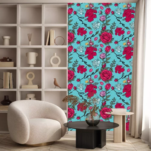 Tapete Bunte Rosen und Blätter auf blauem Graffiti-Hintergrund