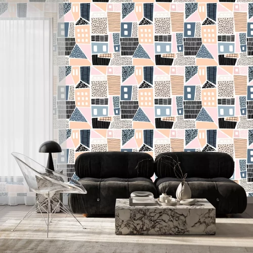 Tapete Abstraktes nahtloses Muster mit Häusern mit Hand gezeichneten Texturen und Formen. Vervollkommnen Sie für fabric.textile, Tapete. Vektor-Illustration