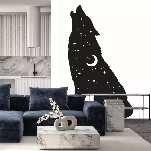 Sticker Silhouette eines Wolfs mit Sternen und Mond gefüllt
