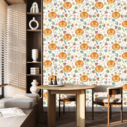 Tapete Für Kinder niedliche Löwen zwischen Pflanzen auf weißem Hintergrund