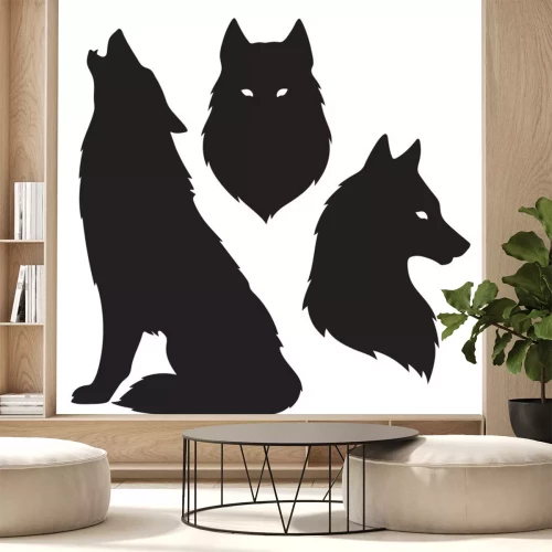 Sticker Silhouette eines Wolfs und Kopf eines Wolfs schwarz