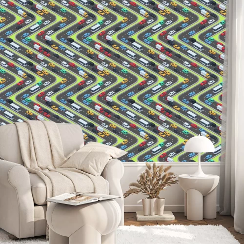 Tapete Nahtlose Textur der städtischen Autos. Isometrische Straßen und Autoverkehr