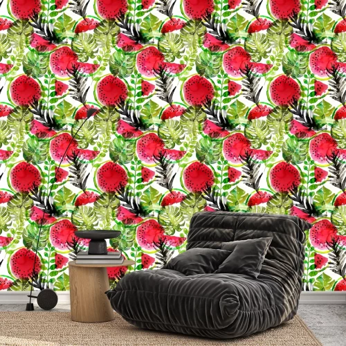 Tapete Wassermelonen und Aquarelltechnik imitierende Blätter