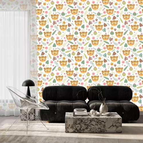 Tapete Leopard und tropische Blätter