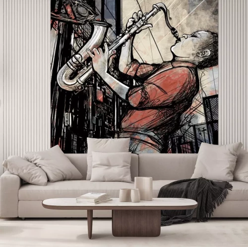 Sticker Spielender Saxophonist Zeichnung in abgetönten Farben