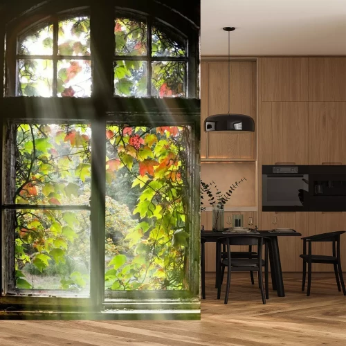 Fototapete Herbstlaub am Fenster