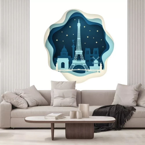 Sticker Papierkunst von Paris. Origami-Konzept. Nachtstadt mit Sternen. Vektor-Illustration.