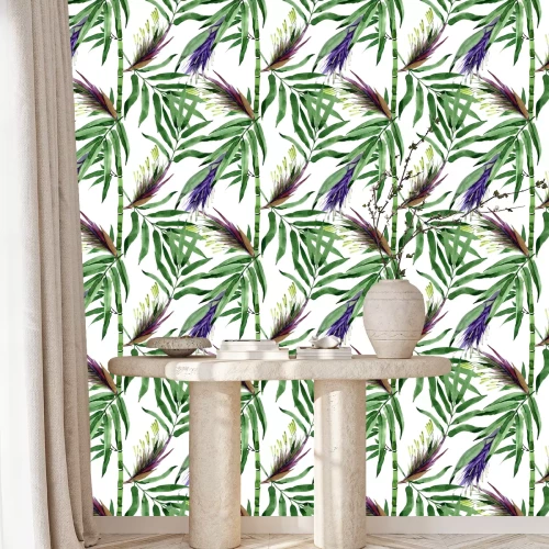 Tapete Tropische Blätter unter Bambus