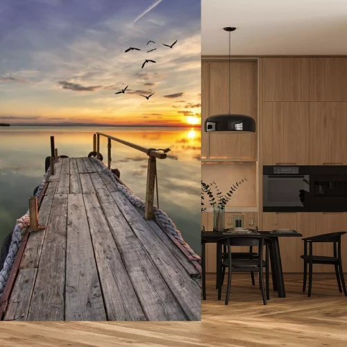 Fototapete Verwahrloster Steg am See