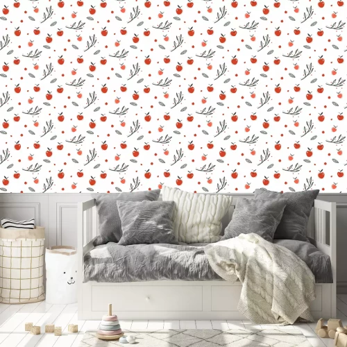 Tapete Kleine rote Äpfel und schwarze Blätter und Zweige