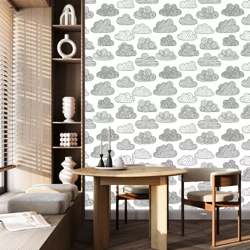 Tapete Schönes nahtloses Schwarzweiss-Muster von Gekritzelwolken. Design Hintergrund Grußkarten und Einladungen zur Hochzeit, Geburtstag, Muttertag und andere saisonale Herbstferien.