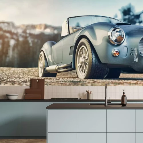 Sticker Auto Retro vor dem Hintergrund der Hügel geparkt