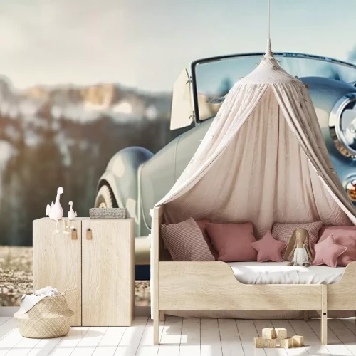 Sticker Auto Retro vor dem Hintergrund der Hügel geparkt