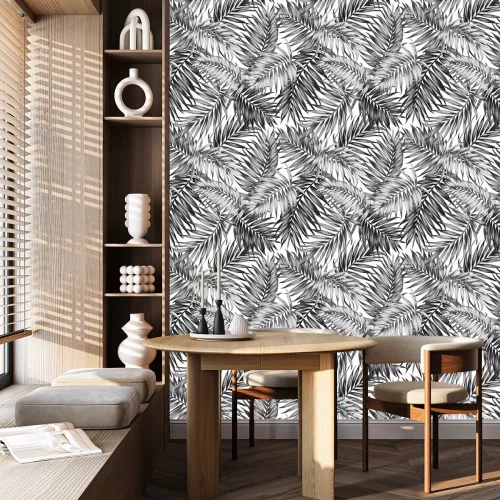 Tapete Schwarz-Weiß-Zeichnung von Palmenblättern