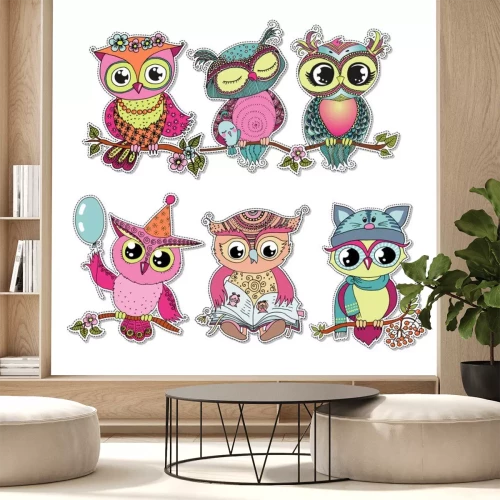 Sticker Sechs niedliche bunte Cartoon-Eulen