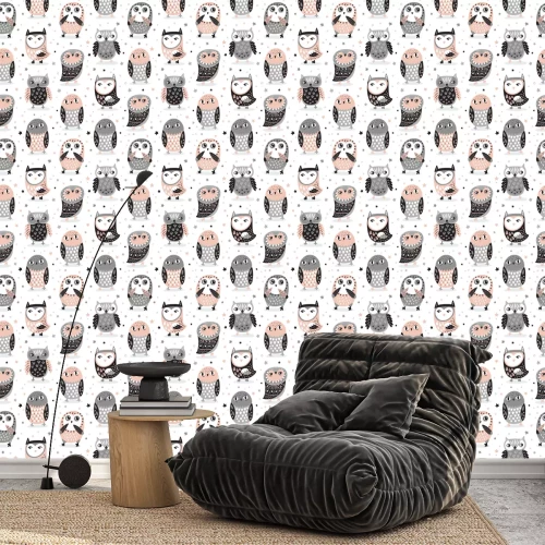 Tapete Eulen für Kinder in Grautönen