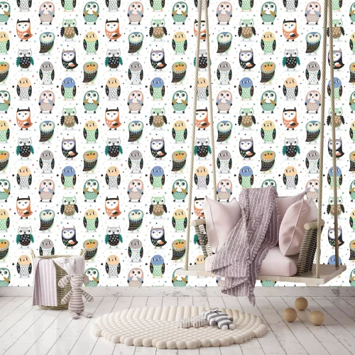 Tapete Bunte Eulen und Sterne