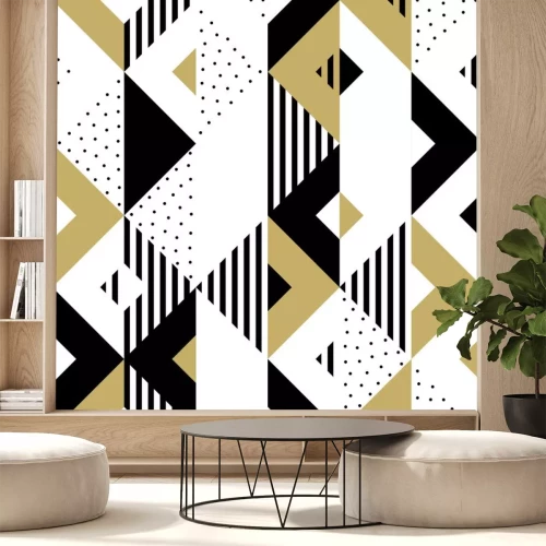 Sticker Geometrisches abstraktes goldenes nahtloses Muster des Dreiecks. Vector Hintergrund der schwarzen, weißen und goldenen dreieckigen Muster oder Quadrat Swatch Ornament Textur oder Mosaik Design Hinterg