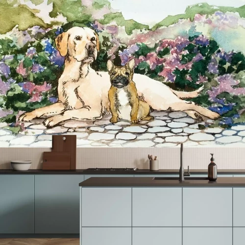 Fototapete Eine ausführliche Handzeichnung auf Papier. Helle Farben und helle Farben. Blühender Blumenhintergrund. Aquarell-Konzept. Tierisches Konzept