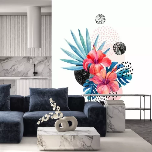 Sticker Tropische Blumen des Aquarells auf geometrischem Hintergrund mit Marmorierung, Gekritzelbeschaffenheiten