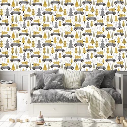 Tapete nahtlose Muster gold Weihnachtsbäume und Auto - Vektor-Illustration, eps