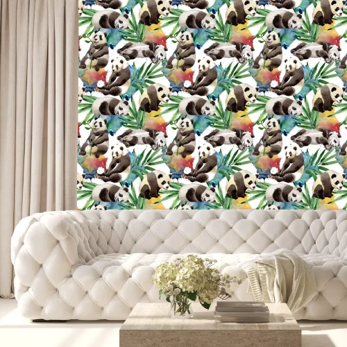 Tapete Pandas und grüne Blätter auf einem Aquarellhintergrund