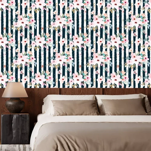 Tapete Muster mit schwarz-weißen Streifen und rosa Blumen