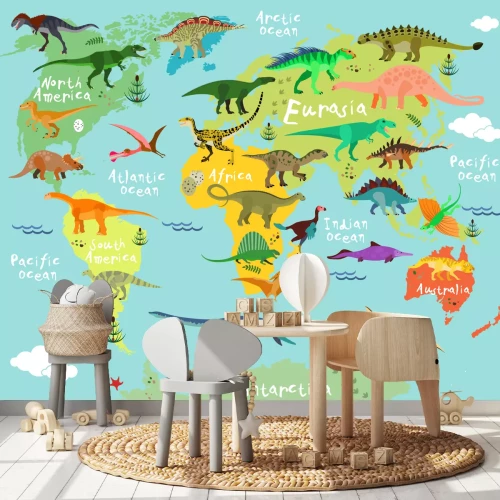 Fototapete Kinderweltkarte mit Dinosauriern