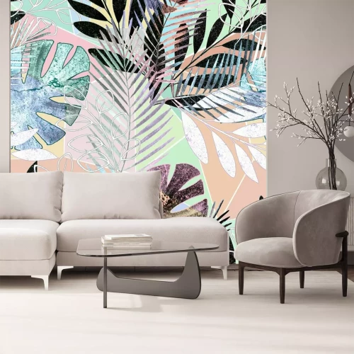 Sticker Nahtloses tropisches Muster. Palme verlässt auf einem bunten Hintergrund.