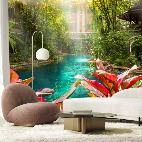 Fototapete Wasserfall am Pool