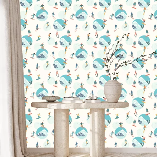 Tapete Vektorillustration von Skifahrern und von Snowboarders. Nahtloses Muster.