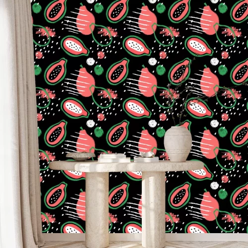 Tapete Früchte in abstrakten Farben auf schwarzem Hintergrund