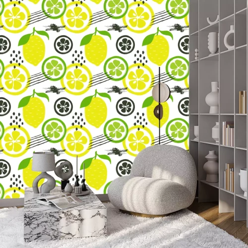 Tapete Grafische Zitronen und Limetten auf weißem Hintergrund
