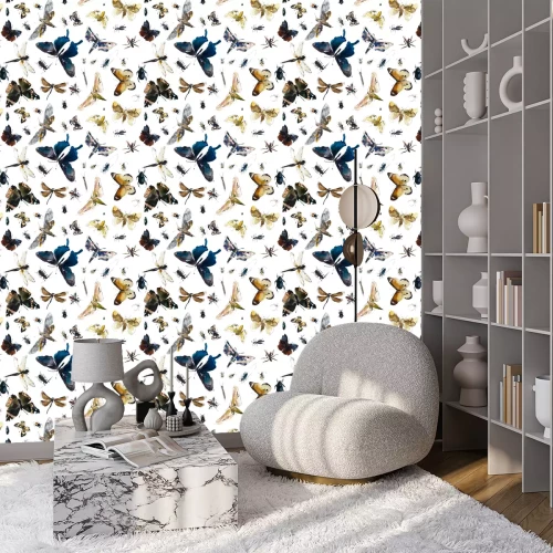 Tapete Realistische bunte Schmetterlinge und Insekten