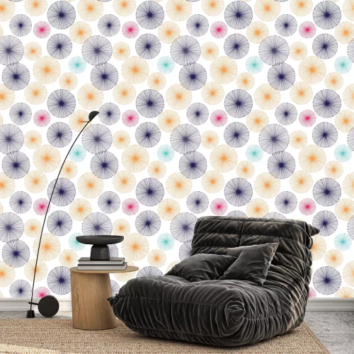 Tapete Pusteblumen in Gelb Rosa Türkis und Dunkelblau