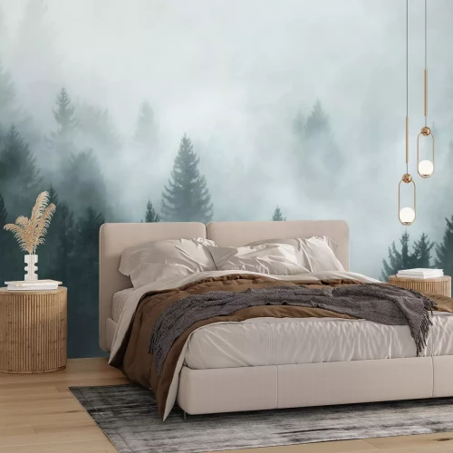 Fototapete Nadelbäume mit nebel im hintergrund