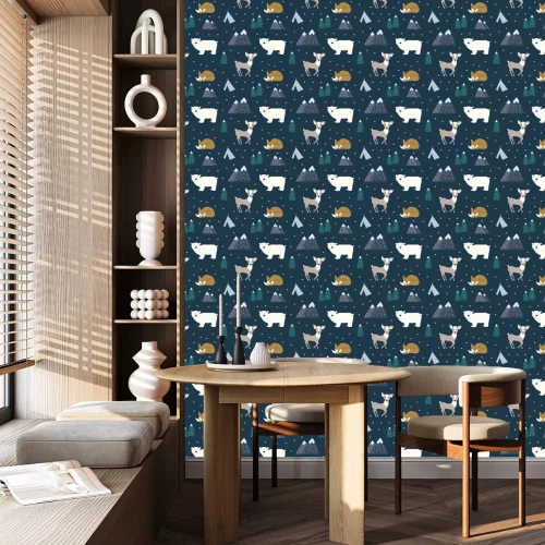 Tapete Übergeben Sie gezogene skandinavische Tiere im Wald, nahtloses Muster. Traditionelle Motive im skandinavischen Stil. Vektor-Illustration.