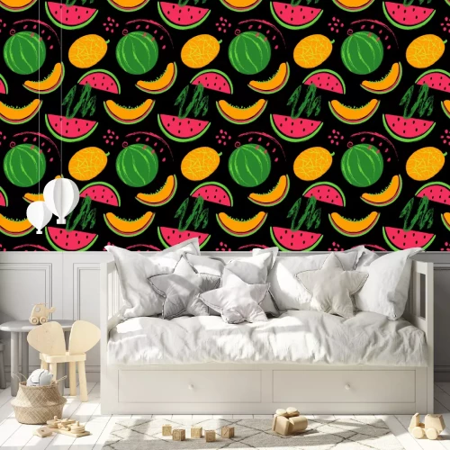 Tapete Tropische Früchte auf schwarzem Hintergrund gemalt