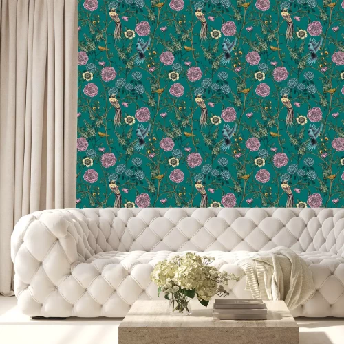 Tapete Bunte Vögel auf Bäumen mit Blumen