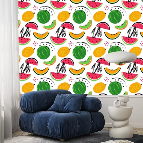 Tapete Früchte in verschiedenen Farben mit farbigen Punkten