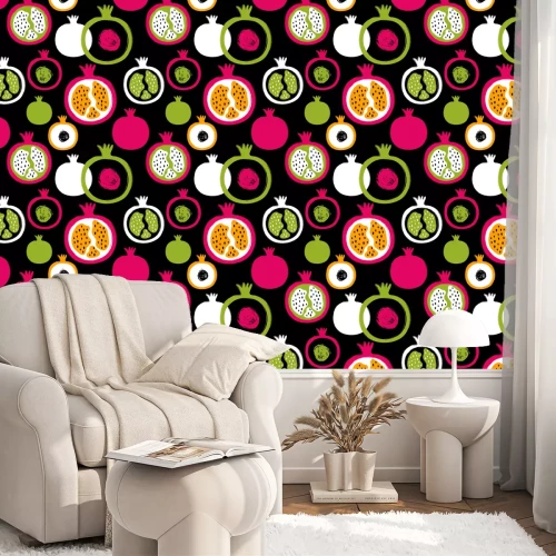 Tapete Granatäpfel in abstrakten Farben auf schwarzem Hintergrund