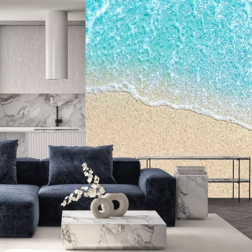 Sticker Seestrand und weiche Welle von blauem Ozean. Sommerferien und Reisekonzept. Textfreiraum