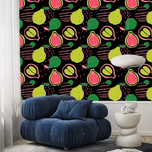 Tapete Birnen auf schwarzem Hintergrund mit geometrischen Formen