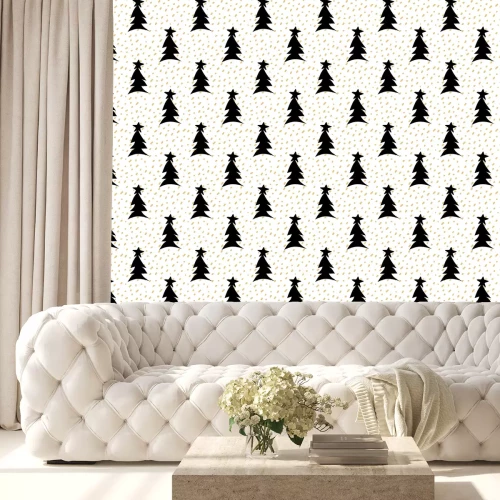 Tapete Schwarze Weihnachtsbäume zwischen goldenem Konfetti